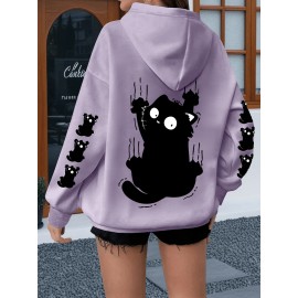 Women'S Plus Size Cat Drawing Print Hoodie, Casual Drawstring Hooded Long Sleeve Kangaroo Pocket Sweatshirt, Women'S Plus Size Clothing