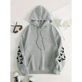 Women's Plus Size Soft Casual Hooded Sweatshirt with Artistic Back Print - Black & White & Bird Design, Kangaroo Pocket, Relaxed Fit, Machine Washable, All-Season Comfort, Ladies Sweatshirts, Decorative Text Design