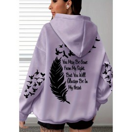 Women's Plus Size Soft Casual Hooded Sweatshirt with Artistic Back Print - Black & White & Bird Design, Kangaroo Pocket, Relaxed Fit, Machine Washable, All-Season Comfort, Ladies Sweatshirts, Decorative Text Design