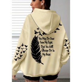 Women's Plus Size Soft Casual Hooded Sweatshirt with Artistic Back Print - Black & White & Bird Design, Kangaroo Pocket, Relaxed Fit, Machine Washable, All-Season Comfort, Ladies Sweatshirts, Decorative Text Design