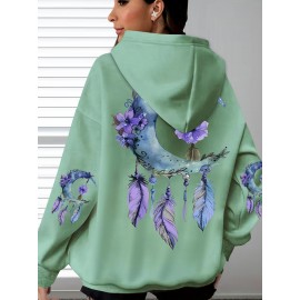 [Floral Moon Hoodie] Soft & Comfortable Plus Size Women's Floral Moon & Hoodie | Casual Long Sleeve Pullover with Pockets, Oversized Daily Wear, Purple & Blue Design