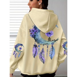 [Floral Moon Hoodie] Soft & Comfortable Plus Size Women's Floral Moon & Hoodie | Casual Long Sleeve Pullover with Pockets, Oversized Daily Wear, Purple & Blue Design