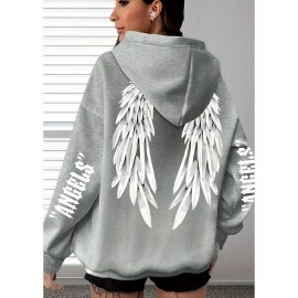 [Plus Size Angel Wings Hoodie] Soft & Comfortable Plus Size Angel Wings Print Hoodie | Long Sleeve Pullover with Pockets, Casual Style for Women, All Season Wear