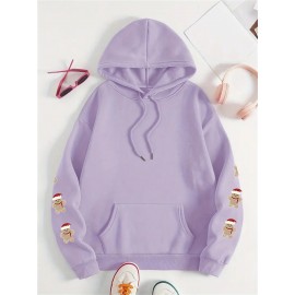 Plus Size, Women's Oversized Christmas Gingerbread Cookie Print Hooded Sweatshirt - Soft Long Sleeve Pullover with Pocket, Merry Christmas Lettering & Plaid Snowflake Design, Cozy Casual Holiday Sweater for Casual Attire (Machine Washable)