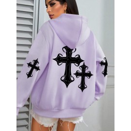 [Faithinspired Plus Size Hoodie] Faithinspired Plus Size Women's Elegant Casual Hooded Sweatshirt - Black Cross Print Long Sleeve Pullover, Cozy Fall & Winter Machine Washable Hoodie, Soft Fabric, Stylish, Durable Construction