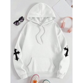 [Faithinspired Plus Size Hoodie] Faithinspired Plus Size Women's Elegant Casual Hooded Sweatshirt - Black Cross Print Long Sleeve Pullover, Cozy Fall & Winter Machine Washable Hoodie, Soft Fabric, Stylish, Durable Construction