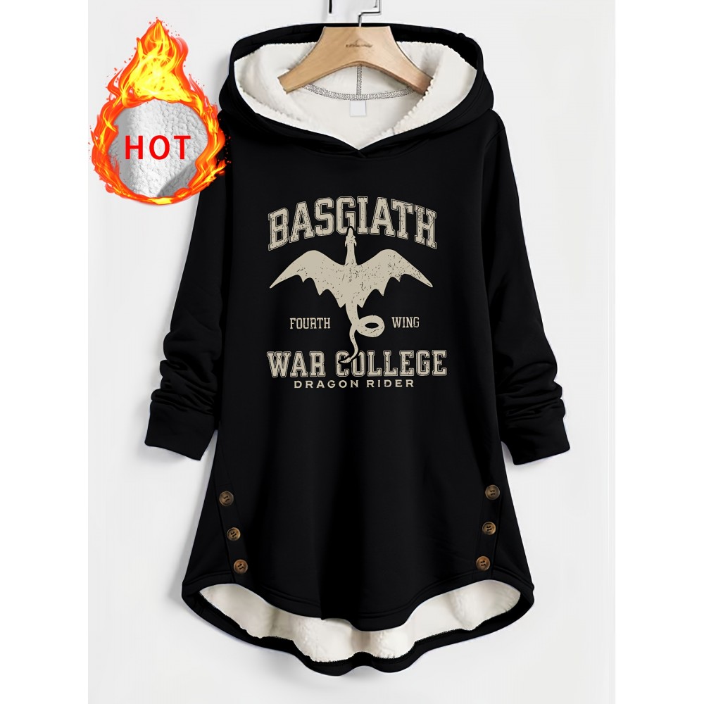 Plus Size - Women'S Plus Size Gothic Fantasy Hooded Coat - Heavyweight Winter Jacket with BSG Winged Dragon Rider Lettering, Lined Hood & Button Closure