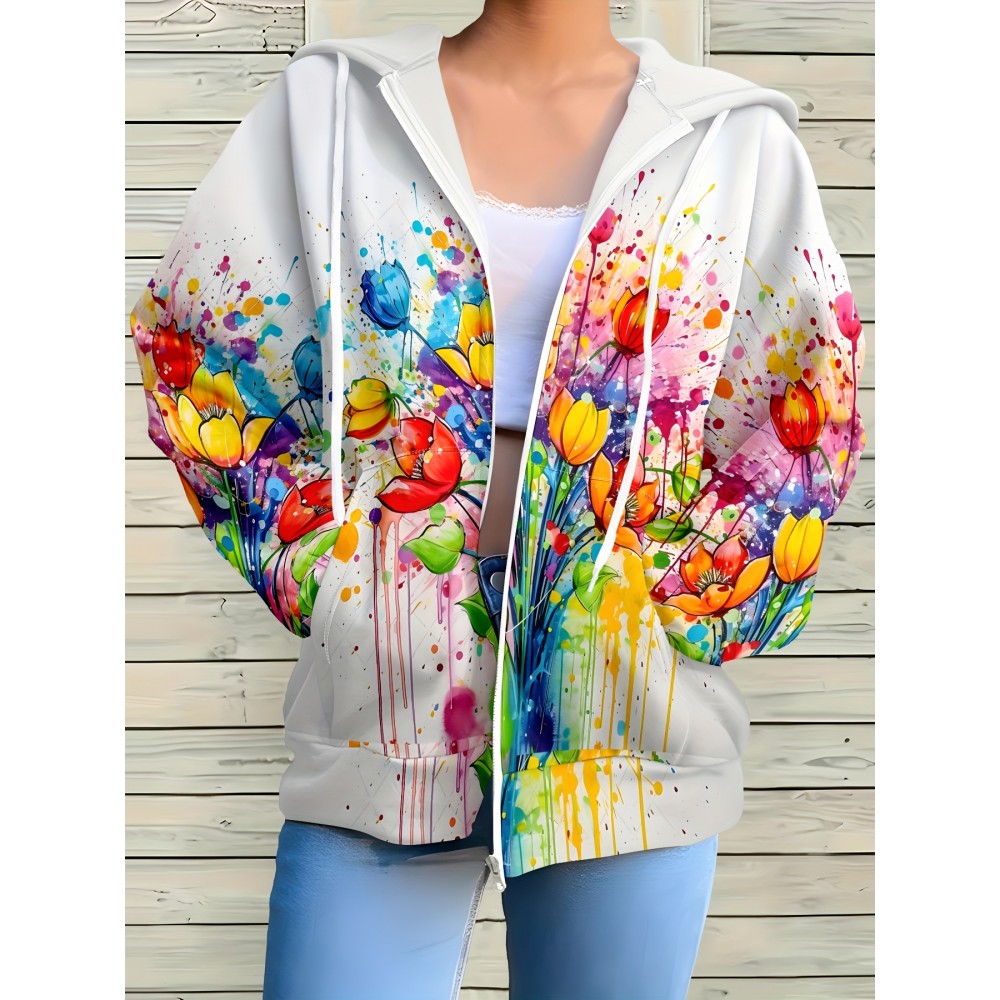 [Vibrant Hoodie] Vibrant Colorful Women's Casual Oil Paint Splatter Floral Print Zip-Up Hoodie | Relaxed Fit, Machine Washable, Autumn Winter Sweatshirt, Long Sleeve Design, Drawstring Hood