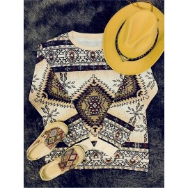 Plus Size - Women'S Bohemian Western Print Sweatshirt - Long Sleeve Round Neck Pullover with Tribal Pattern, All-Season Casual Comfort Fit, Oversized H-line Silhouette For Casual Attire, Bohemian Style, Comfortable Wear, Boho Lovers