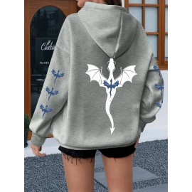 [Dragon Print Hoodie] Plus Size Dragon Print Hoodie - Casual Long Sleeve Pullover with Drawstring, Kangaroo Pocket - 100% Polyester, Slight Stretch, All Season Knit Fabric Hooded Sweatshirt