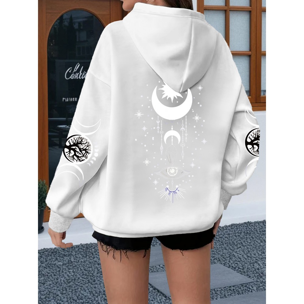 Oversized Women's Hoodie with Moon and Stars Graphic Print, 100% Polyester Long Sleeve Pullover with Kangaroo Pocket, Casual Loose Fit for All Seasons