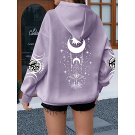 Oversized Women's Hoodie with Moon and Stars Graphic Print, 100% Polyester Long Sleeve Pullover with Kangaroo Pocket, Casual Loose Fit for All Seasons