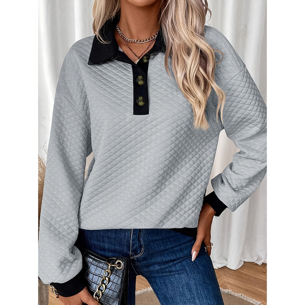 Plus Size - Plus Size Women'S Textured Button-Up Long Sleeve Sweatshirt - Relaxed Fit, Contrast Trim, Medium Stretch, All-Season Casual Pullover with Wide Collar, Machine Washable, Cute Sweatshirts, Versatile Clothing, Chic Style, Mediumstretch Fabric, Durable Clothing