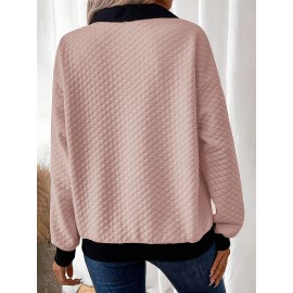 Plus Size - Plus Size Women'S Textured Button-Up Long Sleeve Sweatshirt - Relaxed Fit, Contrast Trim, Medium Stretch, All-Season Casual Pullover with Wide Collar, Machine Washable, Cute Sweatshirts, Versatile Clothing, Chic Style, Mediumstretch Fabric, Durable Clothing