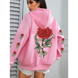 Plus Size Floral Rose Print Hoodie - Cozy, Stylish, 100% Polyester Knit Fabric, Slight Stretch for Fall/Winter