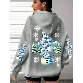 [Cozy Snowman Hoodie] Cozy Oversized Women's Mint Green Snowman & Snowflake Print Hoodie | Soft Casual Long Sleeve Pullover with Pockets, Machine Washable, Winter Accessories, Comfortable Clothing, Playful Graphic Design, Durable Fabric