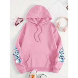 [Cozy Snowman Hoodie] Cozy Oversized Women's Mint Green Snowman & Snowflake Print Hoodie | Soft Casual Long Sleeve Pullover with Pockets, Machine Washable, Winter Accessories, Comfortable Clothing, Playful Graphic Design, Durable Fabric