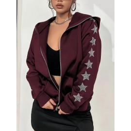 Plus Size - Women'S Plus Size Black Hooded Zip-Up Jacket with Sparkling Star Embellishments - Elegant Winter Outerwear, Long Sleeve, Front Pockets, Casual Style, Winter Jacket | Sparkling Embellishments | Zippered Hoodie