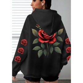 [Floral Print Hoodie] Women's Plus Size Floral Print Hoodie - Cozy Long Sleeve Pullover with Pockets, Soft Casual Wear, Brown with Red Roses and Green Leaves Design, Allseason Hoodie | Stylish Casualwear | Comfortable Fabri