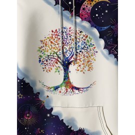 Plus Size Bohemian Christmas Tree Sun Moon Print Hoodie with Kangaroo Pocket, Casual Long Sleeve Pullover with Drawstring Hood, Polyester and Elastane, Medium Stretch Knit Fabric for All Seasons