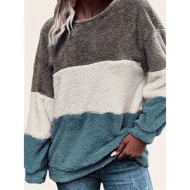 [Plus Size Fleece Hoodie] Cozy Plus Size Women's Plush Fleece Hoodie | Color Block Striped Loose Fit Pullover, Round Neck & Machine Washable | Casual Fall Winter Fashion Top, Comfortable Clothing, Nontransparent Material
