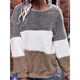 [Plus Size Fleece Hoodie] Cozy Plus Size Women's Plush Fleece Hoodie | Color Block Striped Loose Fit Pullover, Round Neck & Machine Washable | Casual Fall Winter Fashion Top, Comfortable Clothing, Nontransparent Material