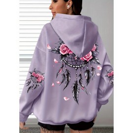 [Pink Oversized Hoodie] Soft Women's Oversized Hoodie | Floral Turtle Graphic Print Long Sleeve Pocket Sweatshirt, Pink All-Season Comfort Fit, Everyday Comfort Wear, Quality Casualwear
