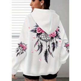 [Pink Oversized Hoodie] Soft Women's Oversized Hoodie | Floral Turtle Graphic Print Long Sleeve Pocket Sweatshirt, Pink All-Season Comfort Fit, Everyday Comfort Wear, Quality Casualwear