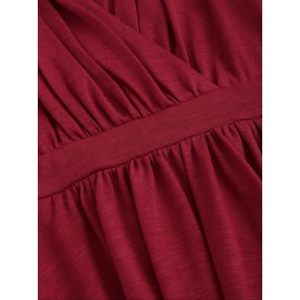 Plus Size Solid Keyhole Neck Belted Top, Ruched Flare Sleeve Chain Decor Elegant Top For Spring & Fall, Women's Plus Size Clothing