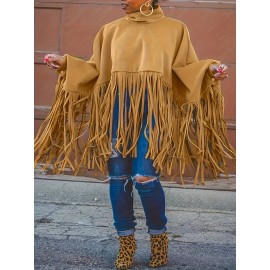 Plus Size, Plus Size Women's Batwing Sleeve Turtleneck Top with Fringe Hem - Loose Fit Casual Chic Long Sleeve Shirt, Solid Color Machine Washable Fall Winter Clothing for Women, Elegant Overlay, Highneck Shirt, Easycare Fabric, Spring Outfit, Durable Shirt, Curvy Fashion