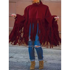 Plus Size, Plus Size Women's Batwing Sleeve Turtleneck Top with Fringe Hem - Loose Fit Casual Chic Long Sleeve Shirt, Solid Color Machine Washable Fall Winter Clothing for Women, Elegant Overlay, Highneck Shirt, Easycare Fabric, Spring Outfit, Durable Shirt, Curvy Fashion