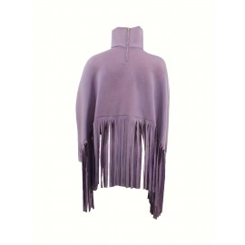 [Plus Size Tassel Top] Plus Size Women's Tassel Top - Vibrant Red Retro Chic Oversized High Neck Long Sleeve Blouse | Batwing Sleeves, Flowy Fabric, Stretchy Machine-Washable | Party & Banquet, Festive Outfit, Fall/Winter Fashion, Casual & Formal Events