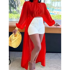 1pc Elegant High Neck Long Sleeve A-Line Top with Irregular Hem - Solid Color Polyester Non-Stretch Fabric, Versatile for All Seasons