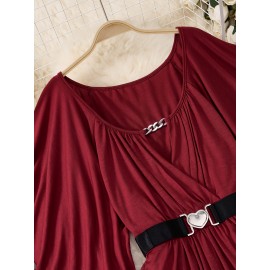 Plus Size - Elegant Plus Size V-Neck Long Sleeve Top with Heart Waist Belt - Stretchy Solid Color, Asymmetrical Hem, All-Season Fashion, Versatile for Casual or Formal Wear, Versatile Fashion | Asymmetrical Hemline | Comfortable Fit