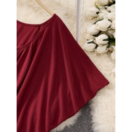 Plus Size - Elegant Plus Size V-Neck Long Sleeve Top with Heart Waist Belt - Stretchy Solid Color, Asymmetrical Hem, All-Season Fashion, Versatile for Casual or Formal Wear, Versatile Fashion | Asymmetrical Hemline | Comfortable Fit