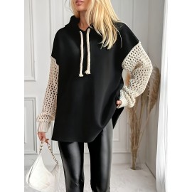 Plus Size, Women's Plus-Size Hoodie - Black & White Contrast Sleeves, Ribbed Cuffs & Hem, Cozy Pullover Sweatshirt for All-Season Casual Wear, Sweater Hoodie, Hooded Sweatshirt, Durable Knitwear