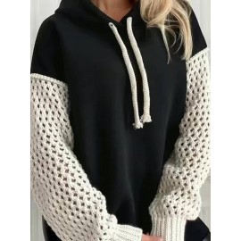 Plus Size, Women's Plus-Size Hoodie - Black & White Contrast Sleeves, Ribbed Cuffs & Hem, Cozy Pullover Sweatshirt for All-Season Casual Wear, Sweater Hoodie, Hooded Sweatshirt, Durable Knitwear