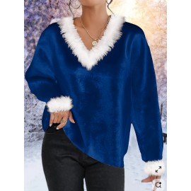 [Christmas | Plus Size Sweater] Plus Size Women's Elegant Christmas Sweater - Long Sleeve Round Neck Winter Warmth with Collar Trim, Stretchy Fabric for Holiday Parties & Casual Attire, Red & Contrast Collar