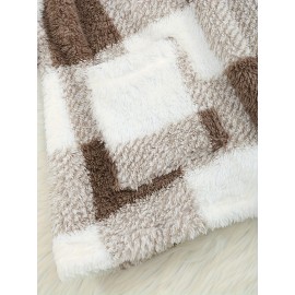 Plus Size - Women'S Plus Size Plaid Sweater - Cozy Fleece-Lined Long Sleeve Round Neck Top with Pockets, Casual Fall/Winter Wear