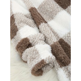 Plus Size - Women'S Plus Size Plaid Sweater - Cozy Fleece-Lined Long Sleeve Round Neck Top with Pockets, Casual Fall/Winter Wear