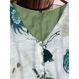 Plus Size - Plus Size, Women'S Plus Size V-Neck Floral Print Blouse - Casual Loose Fit, Asymmetrical Hem, Lightweight Non-Stretch Fabric, Spring Fashion Top with Butterfly & Floral Design, Ladies Blouses, Vneck Blouse, Printed Blouse, Gentle Loungewear, Soft Texture, Worn with Office Lounge, Ideal Women Gift, Top Tees, Work Wardrobe, Made from Solid Machine Washable High Soft Fabric Casually Sweptforward Design