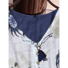 Plus Size - Plus Size, Women'S Plus Size V-Neck Floral Print Blouse - Casual Loose Fit, Asymmetrical Hem, Lightweight Non-Stretch Fabric, Spring Fashion Top with Butterfly & Floral Design, Ladies Blouses, Vneck Blouse, Printed Blouse, Gentle Loungewear, Soft Texture, Worn with Office Lounge, Ideal Women Gift, Top Tees, Work Wardrobe, Made from Solid Machine Washable High Soft Fabric Casually Sweptforward Design