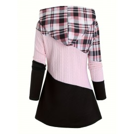 Plus Size - Plus Size Women'S Plaid Hooded Sweater - Long Sleeve Pullover with Drawstring Hood, Casual Fall/Winter Top, Pink & Checkered Pattern, Cozy Clothing | Relaxed Fit Sweater | Construction