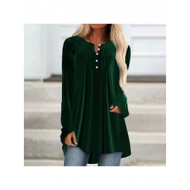 Plus Size, Womens Velvet Fall Winter Shirt V-Neck Button Detail, Draped Front, Easy Pair with Jeans/Skirts, Asymmetrical Hem for Office/Casual, Casual Outfit, Winter Wardrobe, Asymmetrical Design, Vneck Blouse, Cozy Texture, Premium Material, Long Sleeve Top, Versatile Top, Fashion Women, Plus Size