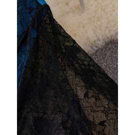 Plus Size - Elegant Plus Size Women'S Christmas Dress with Lace Trim and Belted Waist - Navy Blue Floral Print, Long Sleeve, Round Neck, Perfect for Spring/Fall Holiday Celebrations, Holiday Attire|Floral Print Dress|Lace Trim Dress