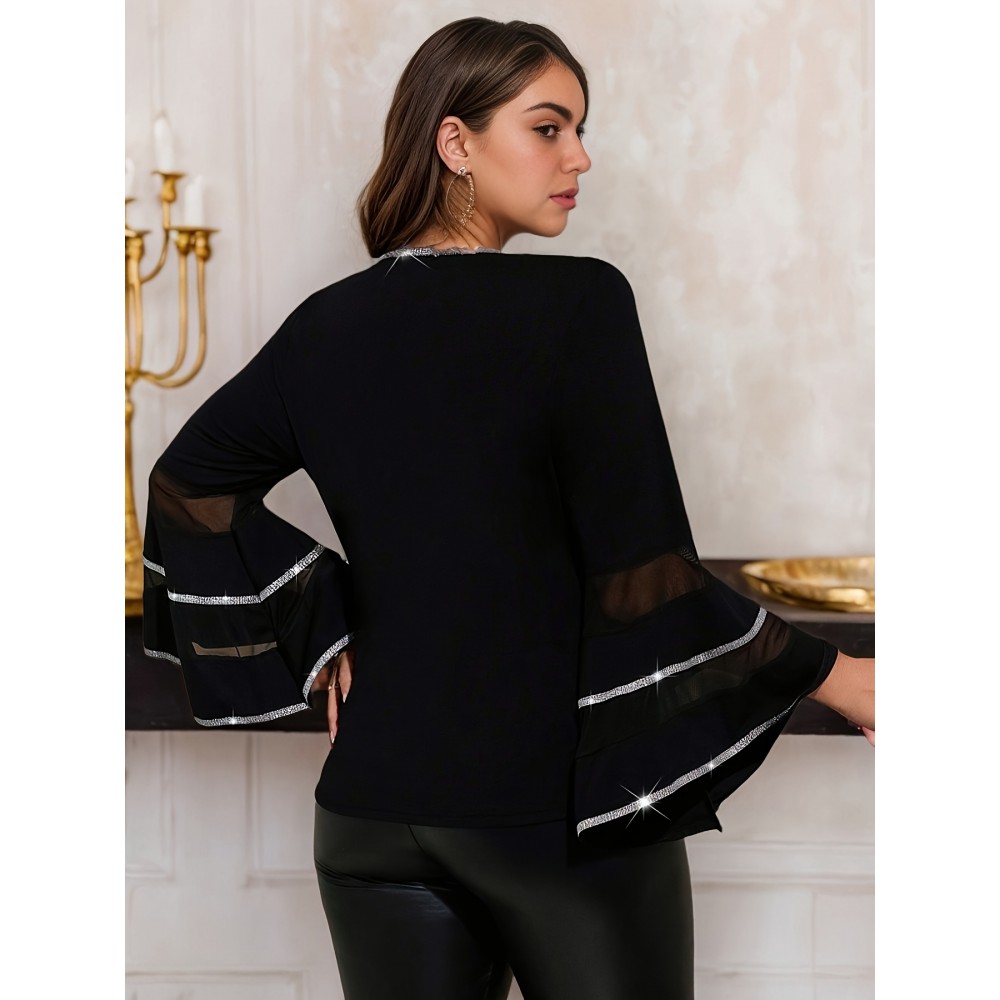 Plus Size - Plus-size Women'S Fashionable Commuting Mesh Splicing Fashion Trumpet Sleeve Waist Cinched Long Sleeved Top