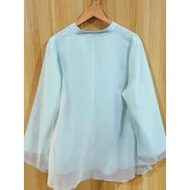 [Plus Size Chiffon Shirt] Plus Size Elegant Long-Sleeve Chiffon Shirt | High-Density, Soft Lining, Flowing Mesh, Henley Neckline, Smooth Tailoring | Spring & Autumn Outings