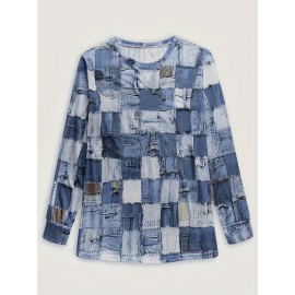 Plus Size, [Denim Print/Imitation Denim] Plus Size Women's Casual Imitation Denim Print Long Sleeve Top - Blue & White Grid Pattern with Golden Accents, Medium Stretch Round Neck, Contrast Cuffs, Autumn/Winter Versatile Layering Piece, Denim Top, Layering Fashion, Soft Texture Fabric