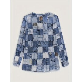 Plus Size, [Denim Print/Imitation Denim] Plus Size Women's Casual Imitation Denim Print Long Sleeve Top - Blue & White Grid Pattern with Golden Accents, Medium Stretch Round Neck, Contrast Cuffs, Autumn/Winter Versatile Layering Piece, Denim Top, Layering Fashion, Soft Texture Fabric