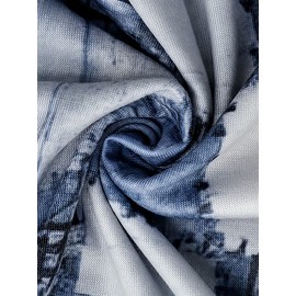 Plus Size, [Denim Print/Imitation Denim] Plus Size Women's Casual Imitation Denim Print Long Sleeve Top - Blue & White Grid Pattern with Golden Accents, Medium Stretch Round Neck, Contrast Cuffs, Autumn/Winter Versatile Layering Piece, Denim Top, Layering Fashion, Soft Texture Fabric